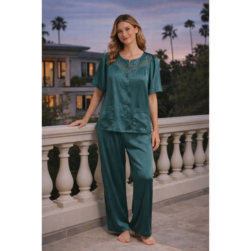 VNTG 1960s Shadow Line Satin Pajama Set USA Emerald Green Mid Century MCM